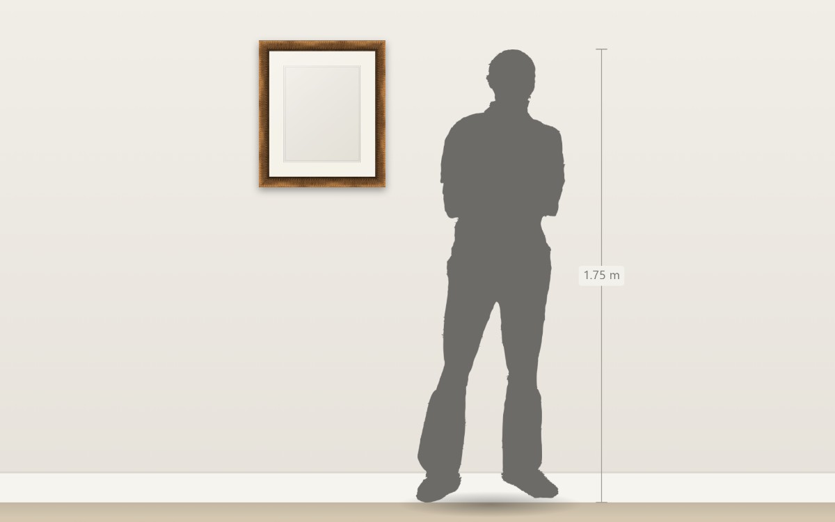 A framed piece drawn at true size on a wall beside a 1.75 m person